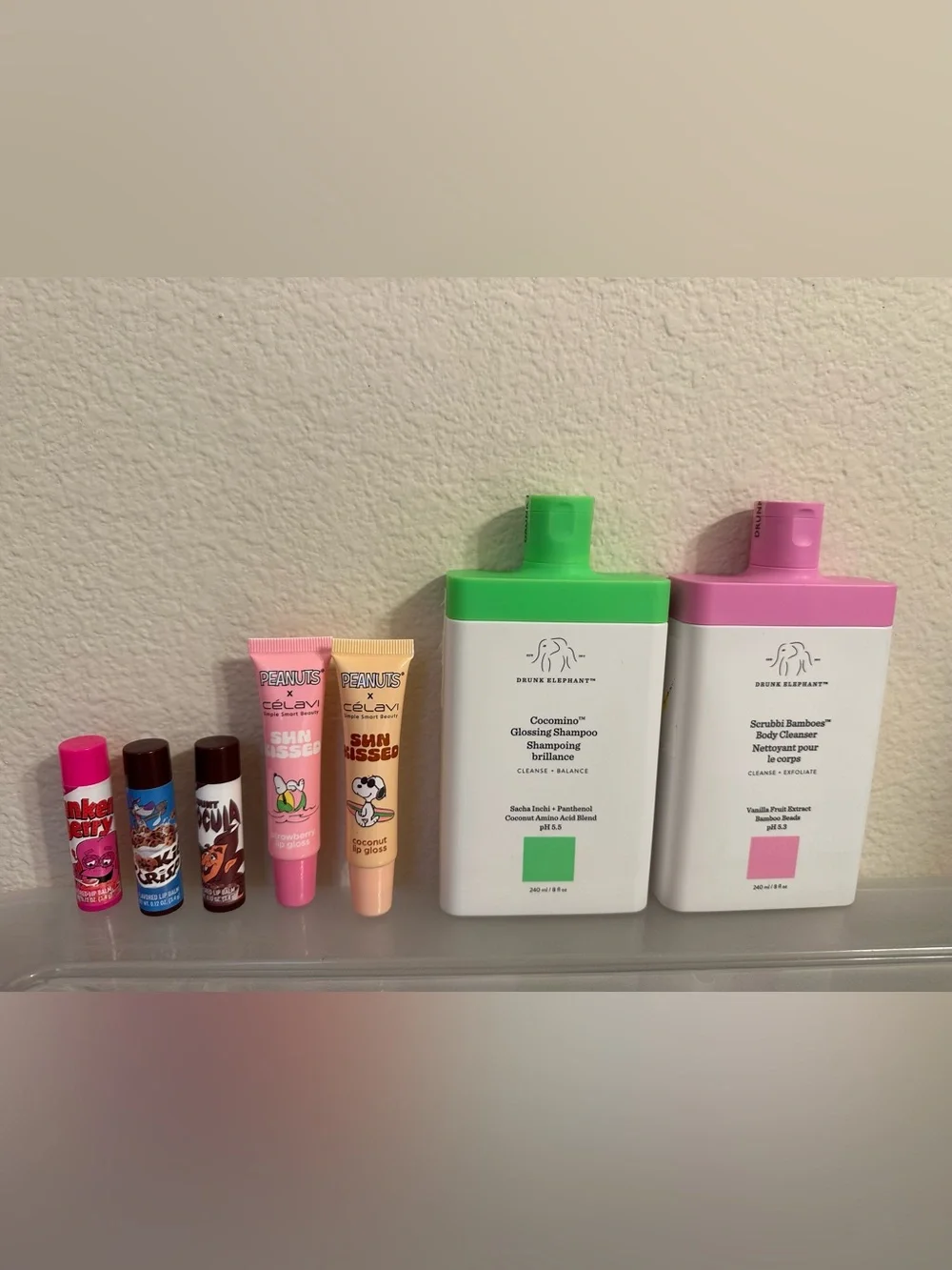 Drunk Elephant Body Scrub , shampoo, 3 chapsticks, 2 celavi lipglosses